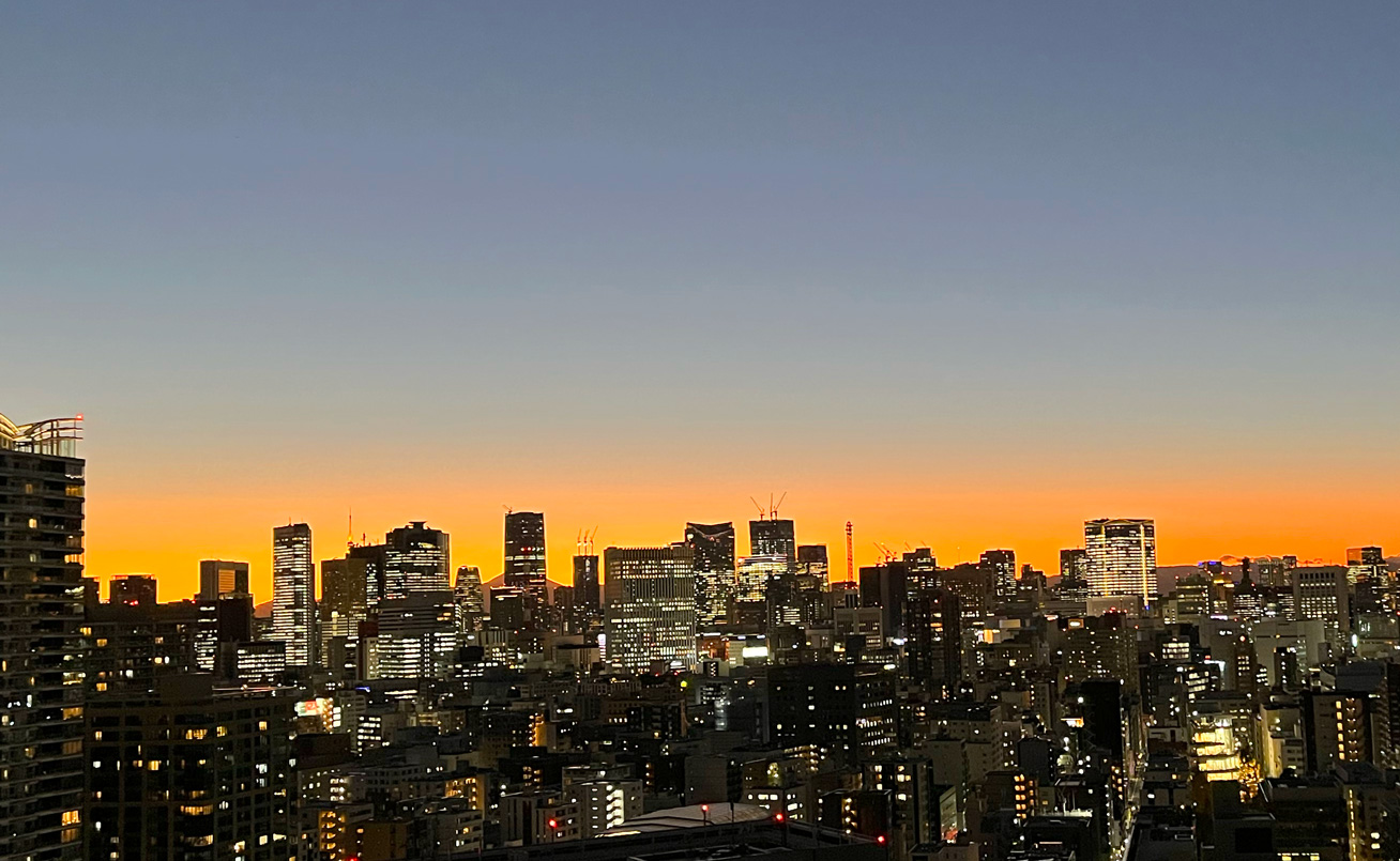 久しぶりにくっきりな夕日。あのビルなければ富士山も見えるのにー